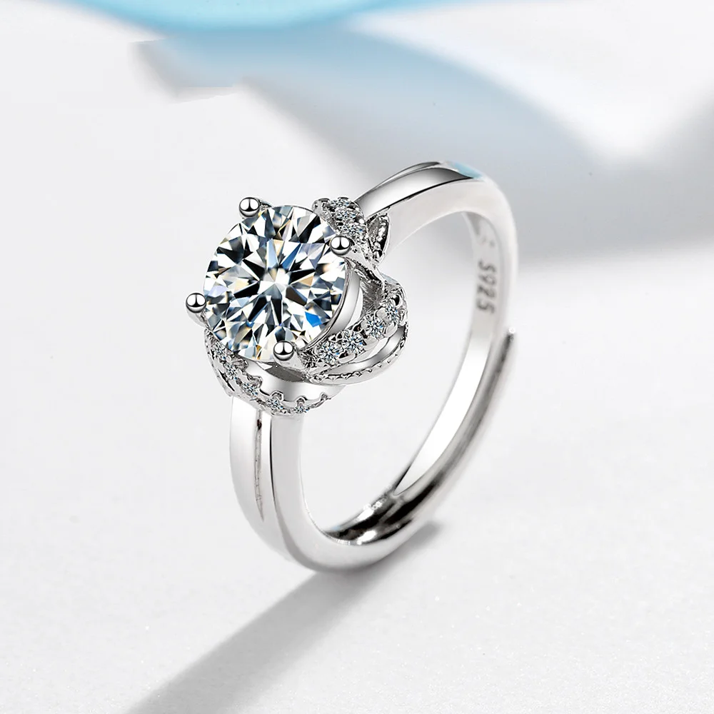

925 Sterling Silver Woman Fashion Jewelry High Quality Crystal Zircon Four Prong Flower Adjustable Open Ring Female Wedding