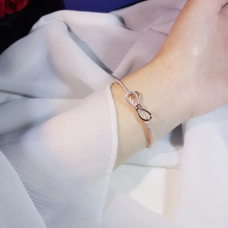 

S925 Sterling Silver Bow Infinity Bracelet Fashion Rose Gold Zircon Diamond Charm Fine Jewelry For Women