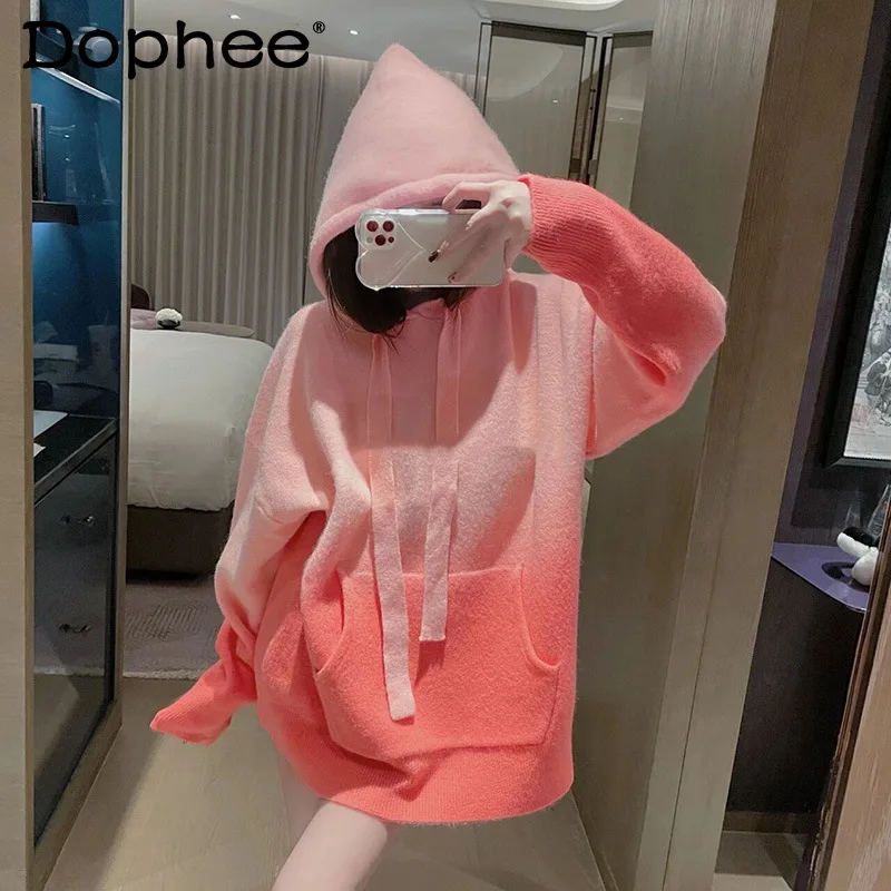 

Женский трикотажный пуловер с капюшоном, розовый свитер на шнуровке с контрастным переходом цвета, свободный свитер для осени и зимы