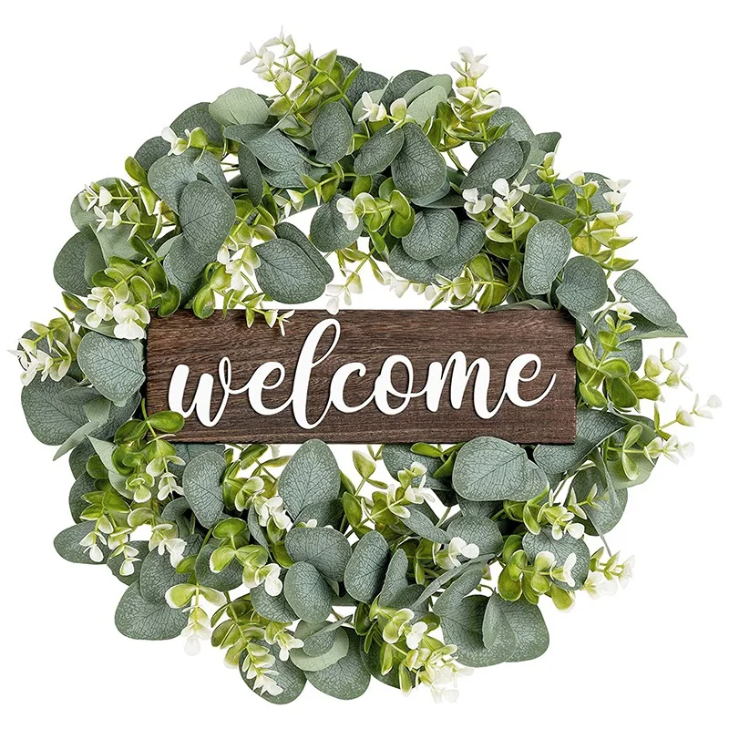 

Welcome Sign with Wreaths Rustic Front Door Decor Wood Hanging Sign with Artificial Eucalyptus 16 Inch Farmhouse Porch