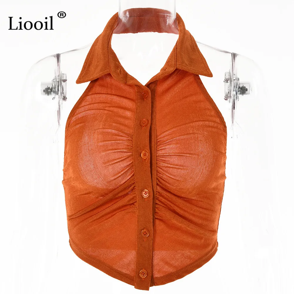 

Liooil Sexy Ruched Backless Blouses Women Tops Summer New 2021 Asymmetrical Sleeveless Turndown Collar Button Up Sexy Tank Tops