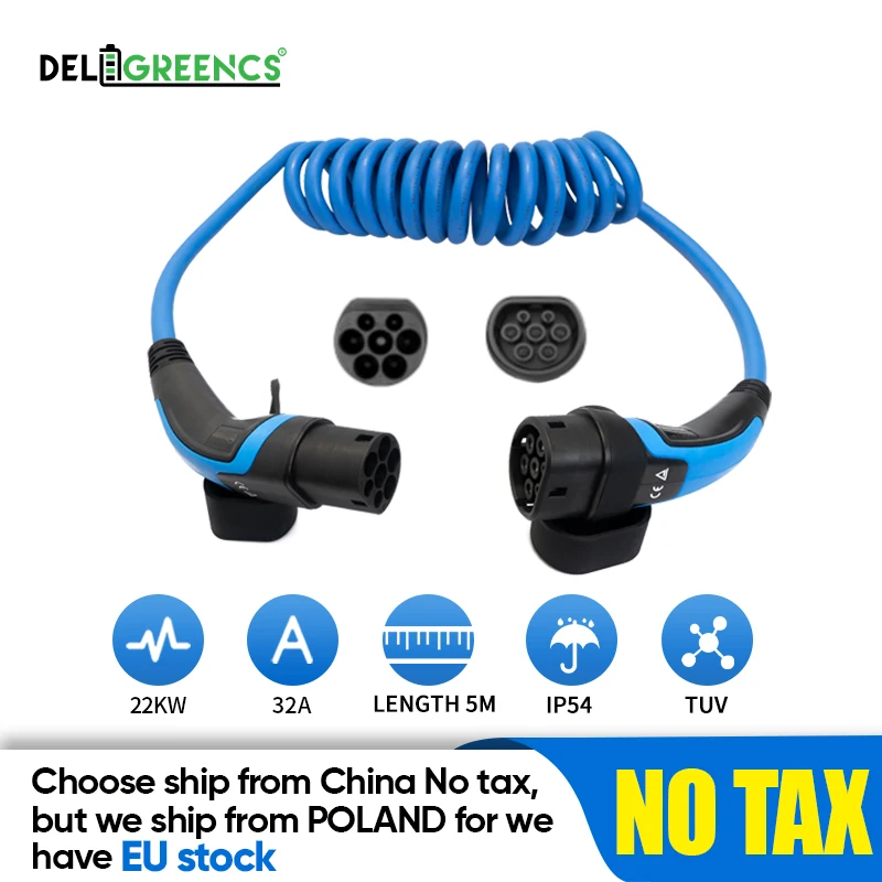 

Stock in Poland EV Charging Cable 32A Type 2 to Type 2 IEC62196 Three Single Phase 5 Meters TUV/UL Spiral