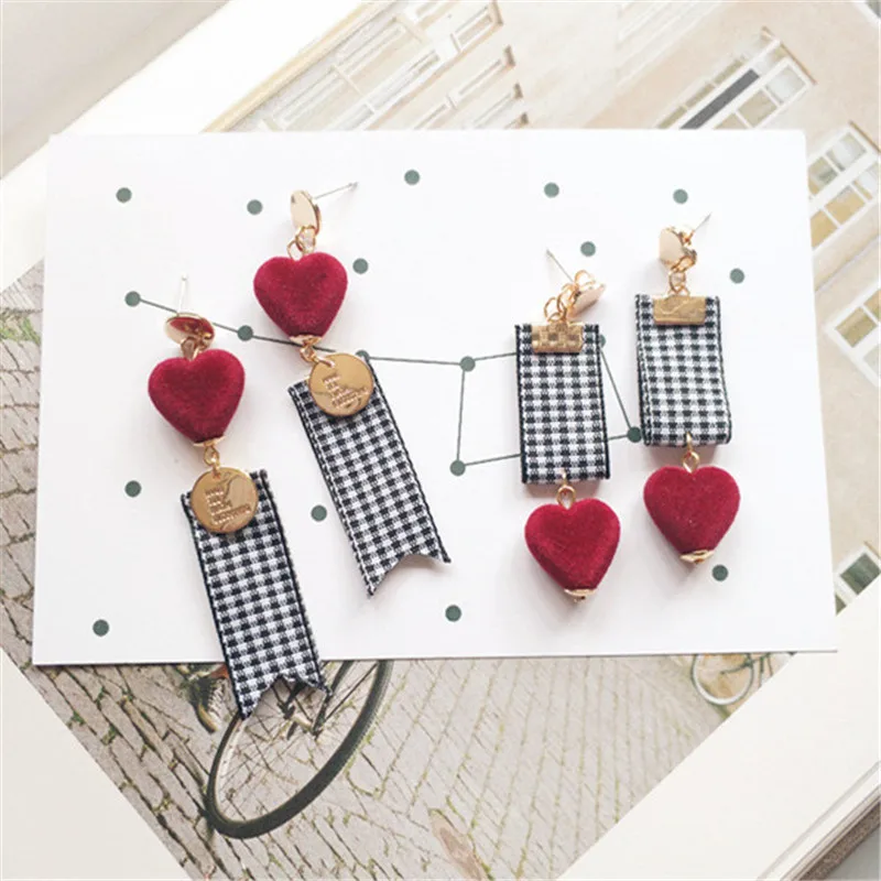 Корейские висячие серьги каваи милые клетчатые женские оптовые продажи с