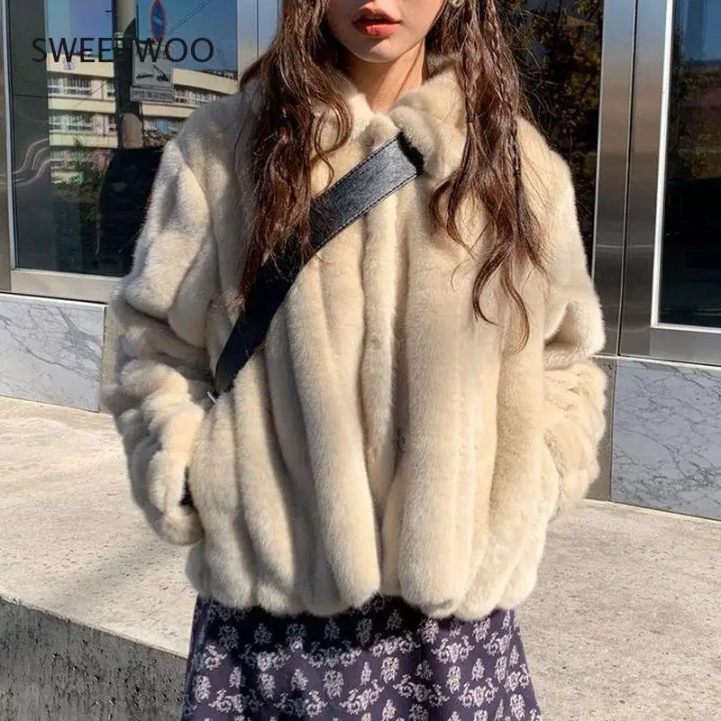 Women's Rabbit Fur Coat 2020 Winter Warm White Comfortable Faux Fur Jacket Long Sleeve Oversize Artificial Fur Overcoat Female