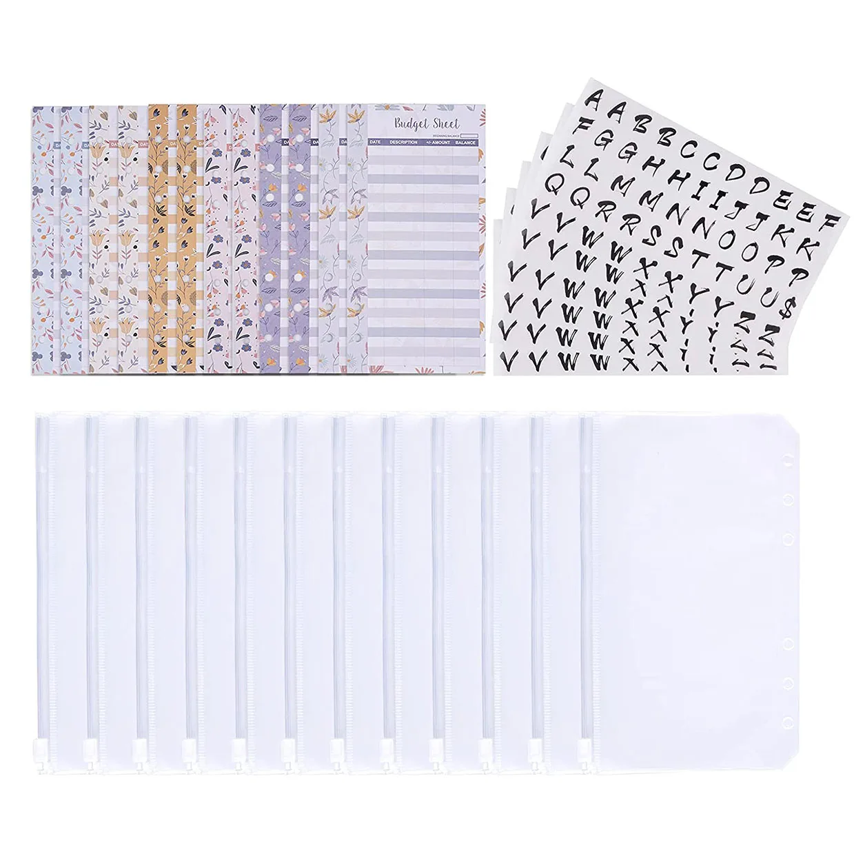 

12PCS A6 Binder Pockets,12 Expense Budget Sheets,6 Letter Sticker Labels,6-Ring Budget Binder Money Saving Cash Envelopes System