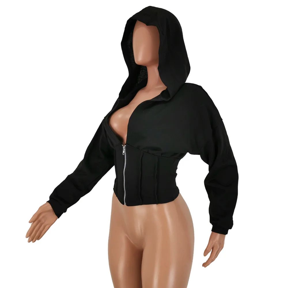 Черная укороченная куртка в уличном стиле сексуальная толстовка с капюшоном из
