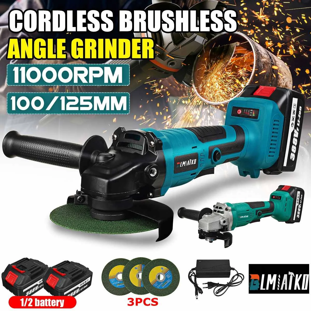 

BLMIATKO 388V 125mm 100mm Cordless Angle Grinder Lithium-Ion Battery Polishing Machine Cutting Electric Angle Grinder Power Tool