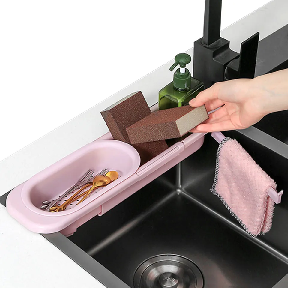 Телескопическая полка для раковины регулируемая съемная корзина с фильтром