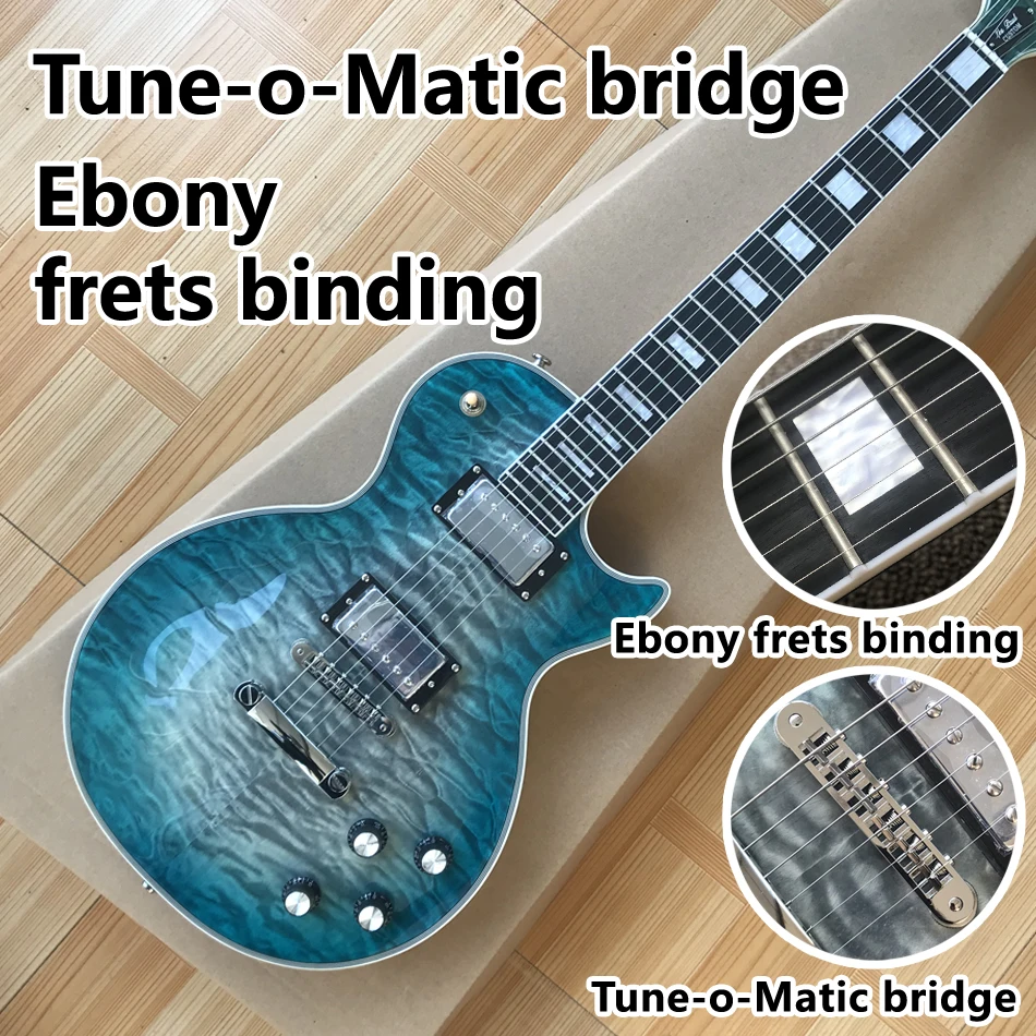 

Electric guitar, Ebony fingerboard, Frets binding, Tune-o-Matic bridge, Green burst quilte maple electric guitar, Free shipping