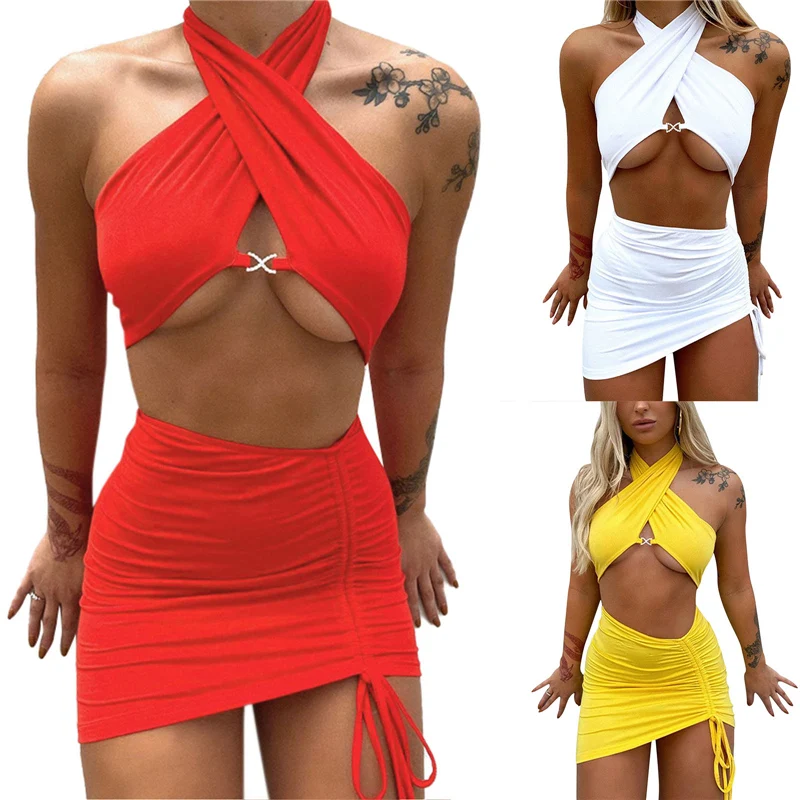 

Women Summer Sexy Skirt Suit Solid Color Hollow Halter Neck Crop Tops + Drawstring Miniskirt for Girls White/Yellow/Red 2Pcs