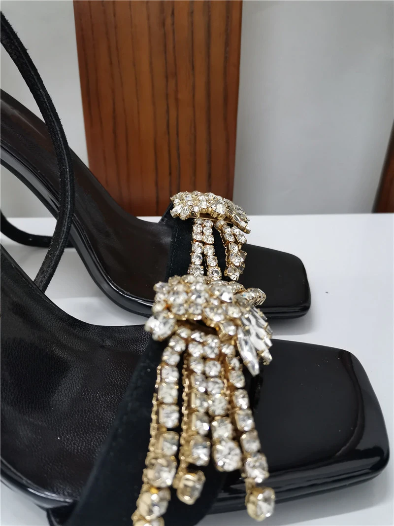 

Jeweled Diamond Butterfly-flower High Heels Women Ankle Strap Cover Heel Square Open Toe Rhinestone Summer 2020 Shoes Woman