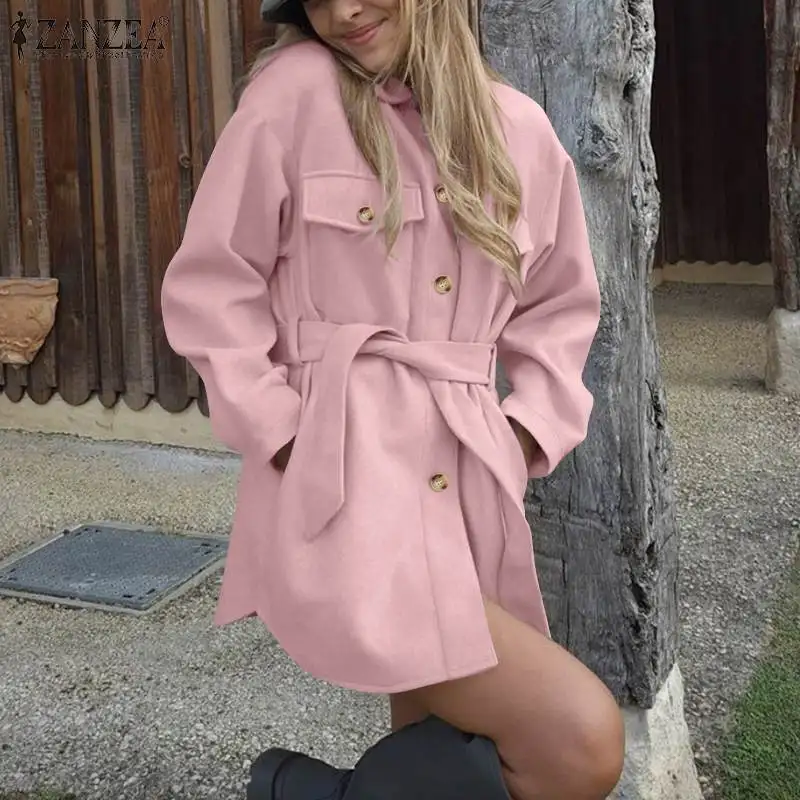 

Модные женские шерстяные пальто, куртки 2021 ZANZEA, весна-осень, накидки с поясом, пончо оверсайз, Женская Повседневная однотонная трапециевидн...