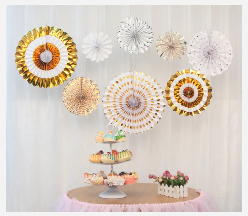 

20cm 25cm 30cm 40cm Gold silver flower Paper Fans 8pcs baby shower Graduation Birthday party DIY decor Wedding decoration