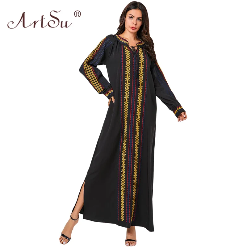 ArtSu Autumn Winter Long Sleeve Loose Plus Size Black Robe Femme Women Tassel Geometric Embroidery Retro Ethnic Red Dress | Женская