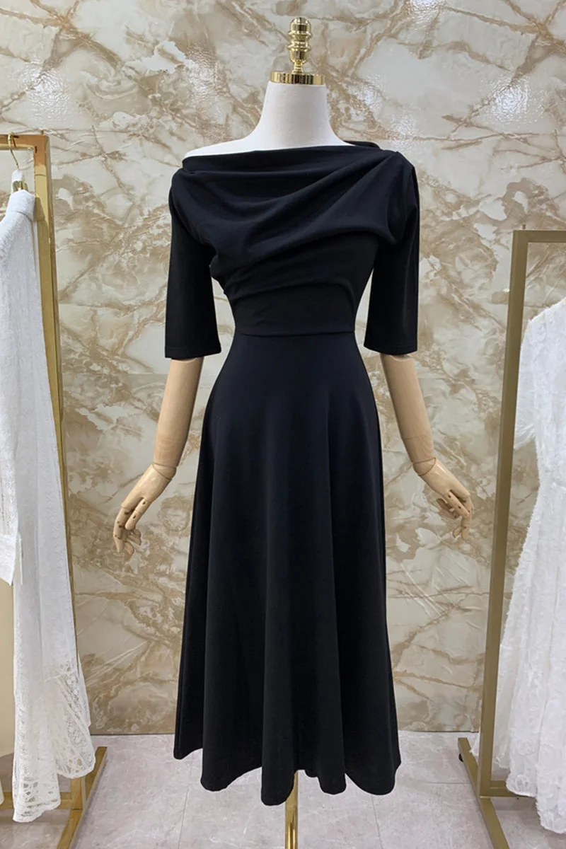 

Women's Black Short Sleeve Long Dress 2021 Korean High Waist A Line Elegant Dress Female Plus Size Bodycon Slim Waist Dress