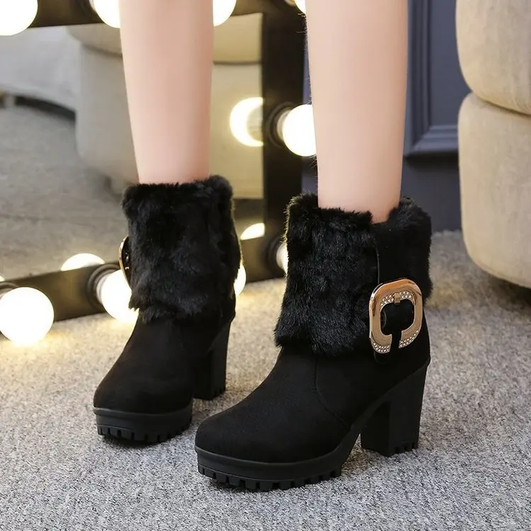 

2022 теплые меховые сапоги для снежной погоды, женские классические сапоги с пряжкой, Черные ботильоны на платформе и высоком каблуке, зимняя ...