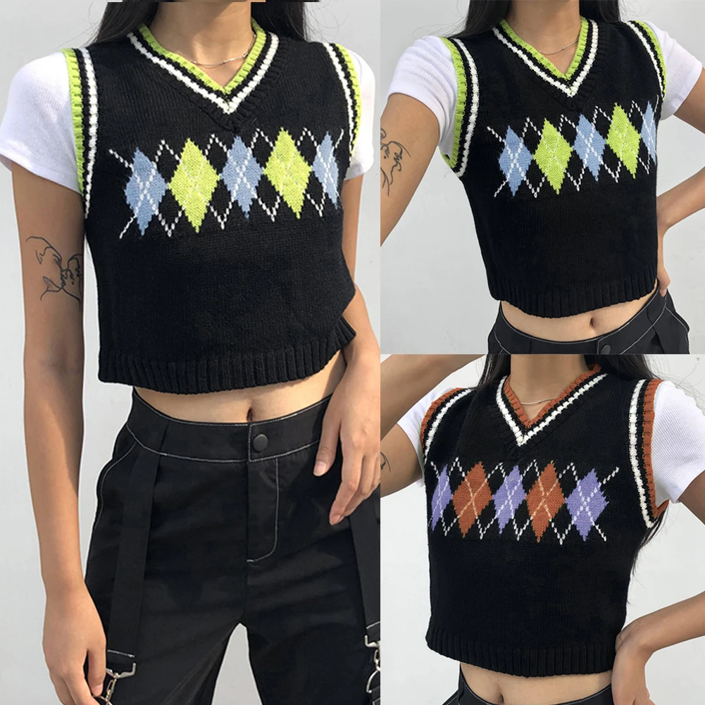 

DOSSNI Sweater Vest Girls Knitted Sleeveless Tank Tops V Neck Cute Streetwear Autumn Preppy Style Clothes Knitwear Sweater Vest