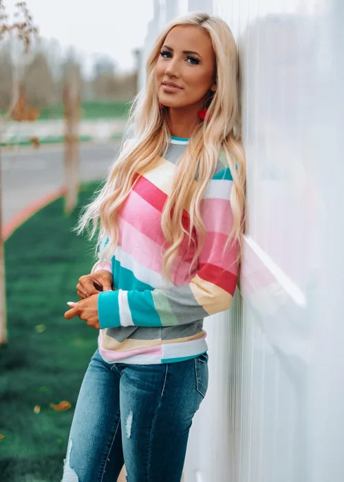 

Autumn and winter women's wear base coat color stripe sleeve casual round neck long sleeve T-shirt