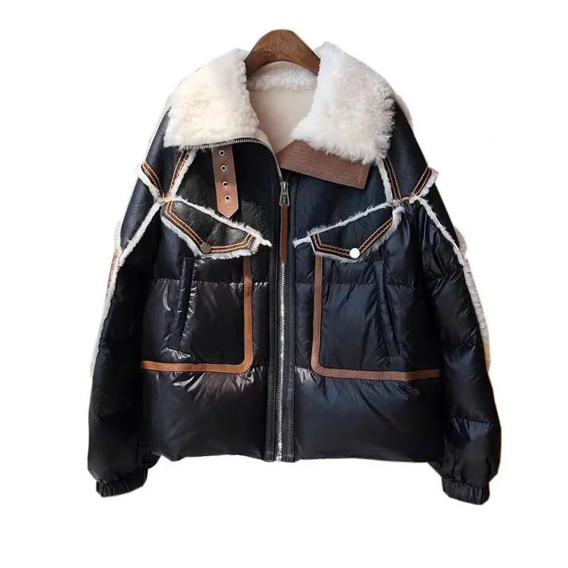 

Women Coat Winter 2022 New Fashion Double-Faced Fur Natural Real Sheep Wool Parka Down Jacket Thick Warm Turn-Down Collar