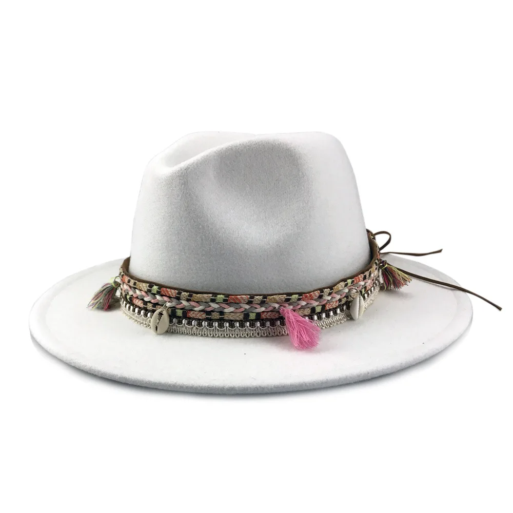 

2021 Men Women Retro Ethnic Tassel Felt Hat Panama British Autumn Winter Felt Hats Ladies Hat Elegant Fascinator Jazz Top Caps