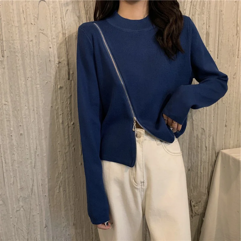 

Трикотажная одежда на молнии, короткая одежда для ранней осени, новый топ, женская футболка с длинными рукавами и широкими штанинами