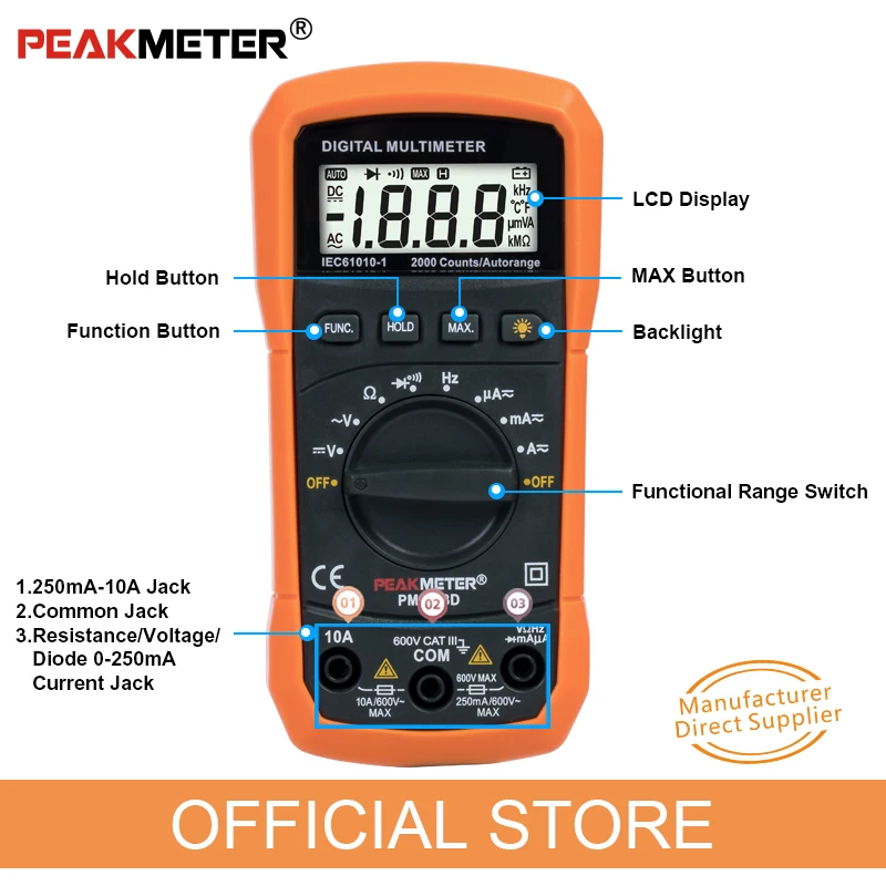 Официальный цифровой мультиметр Peakmeter PM8233 серии (D&E) с ЖК-дисплеем, авторежимом и максимальным количеством показаний 2000, наилучшее сочетание цены и компактности.