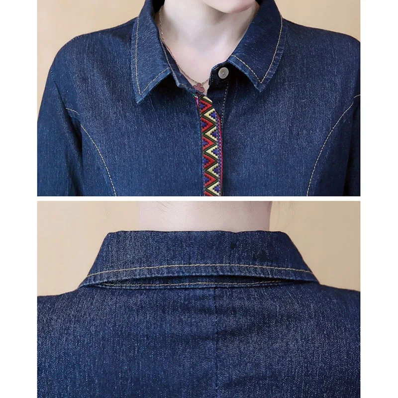 Женское джинсовое платье с длинным рукавом и воротником-рубашкой | Женская