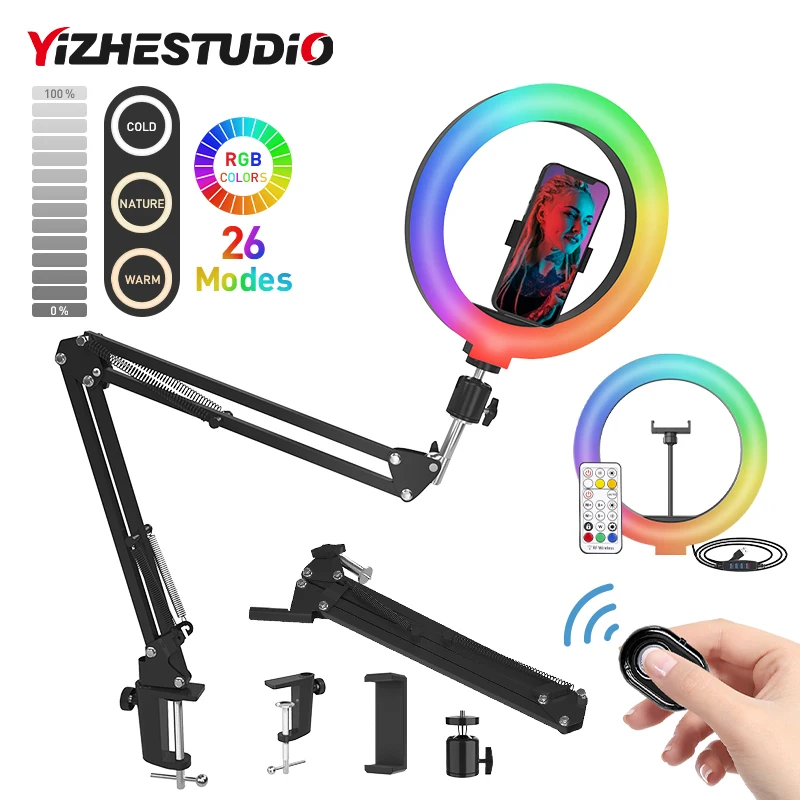 

Yizhestudio 26 см светодиодный кольцевой светильник для селфи со складным штативом с 1/4 винтовой подставкой для телефона светильник для фотосъемк...