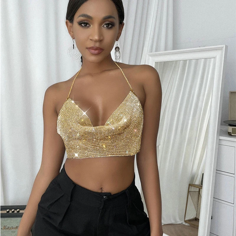 

Women Sexy Metal Crystal Diamonds Sequined Night Club Party Wear Crop Top Glitter Nightclub Backless Rhinestone V Neck Tank Top