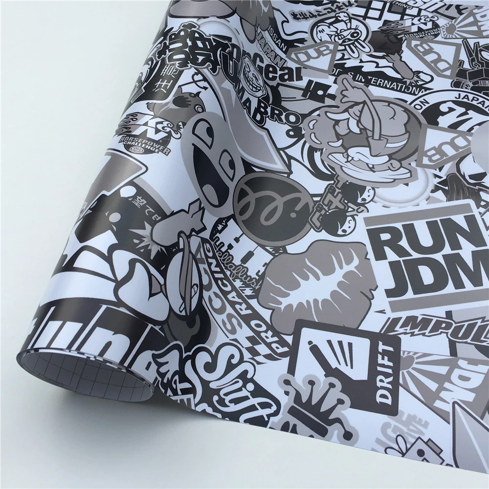

HD Print Black White Sticker Bomb Graffiti Vinyl Cartoon Adhesive Stickers FOR Scooter Skateboard Decal Wrap PVC Film