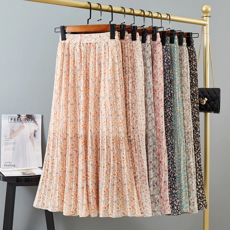 

Летние драпированные милые цветочные плиссированные длинные шифоновые юбки А-силуэта