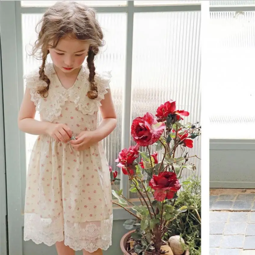 

Предпродажа, лето 2020, Новое Кружевное лоскутное платье с отложным воротником и принтом для девочек детское платье без рукавов детская одежд...