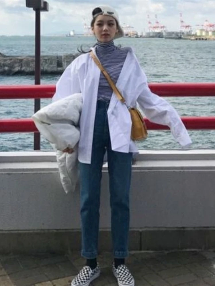 

2021 Spring And Autumn Long-Sleeved Lapel Shirts For Women Loose Oversized Long Button Up Shirt Casual Blouse White