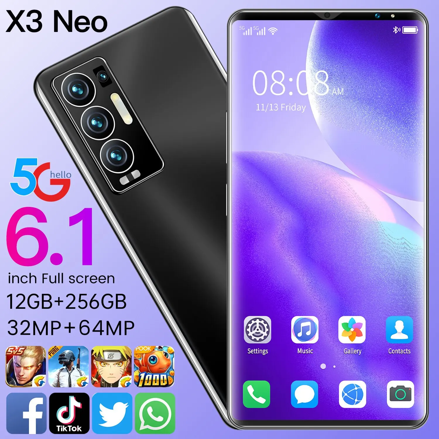 

X3 Neo Smart Phone Mtk6889+Global Version 12+256gb Andriod 11 6000mah Face Unlock double Sim+micro Sd 10 Core 32+64mp Cell Phone