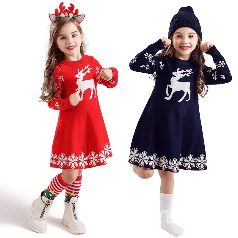 

Рождественское платье, зимний свитер с длинным рукавом для девочек, платье принцессы Санта-Клауса, новогоднее платье с красным, темно-синим ...