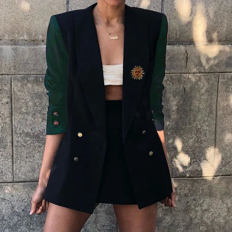 

2021 New Fashion Blazers Y2k Embroidered Blazer Office Lady Women Mid Length Patchwork Double Breasted Suit Vintage Preppy Style