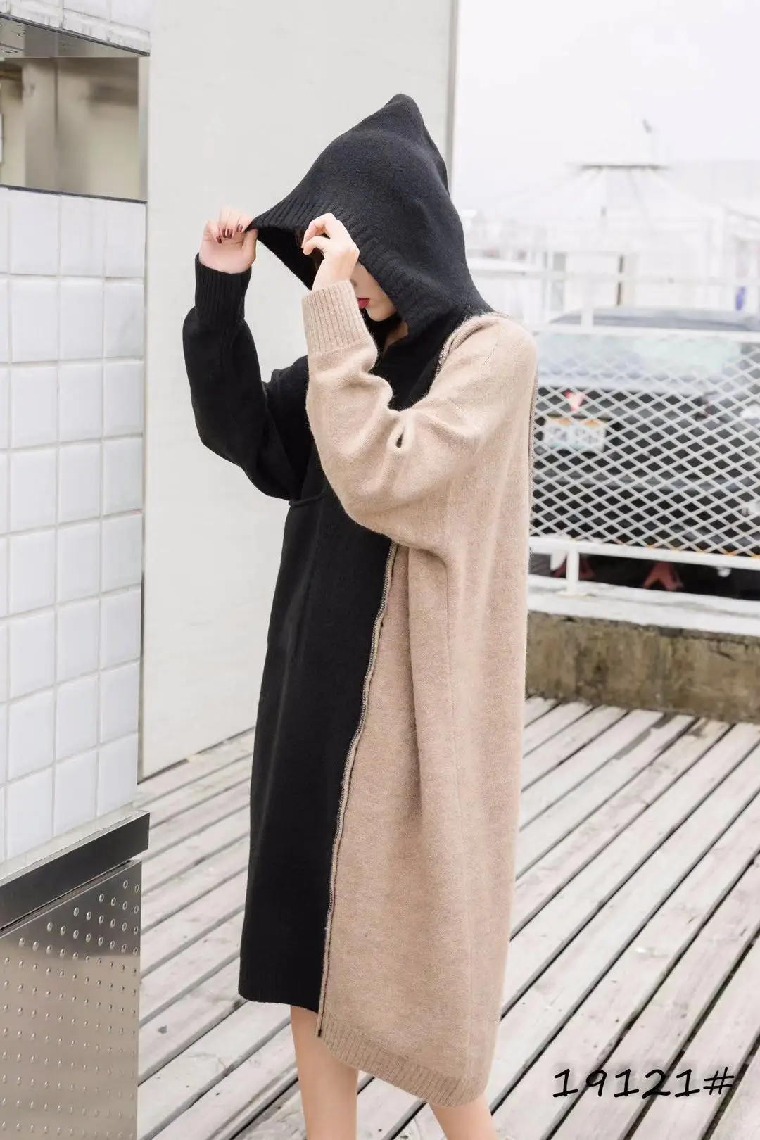 Зимнее женское платье свитер QING MO 2019 с капюшоном цветное повседневное свободное