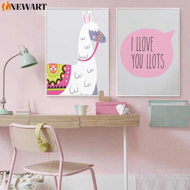 Розовый Мультфильм Альпака ребенок постер животное стены искусства холст принт
