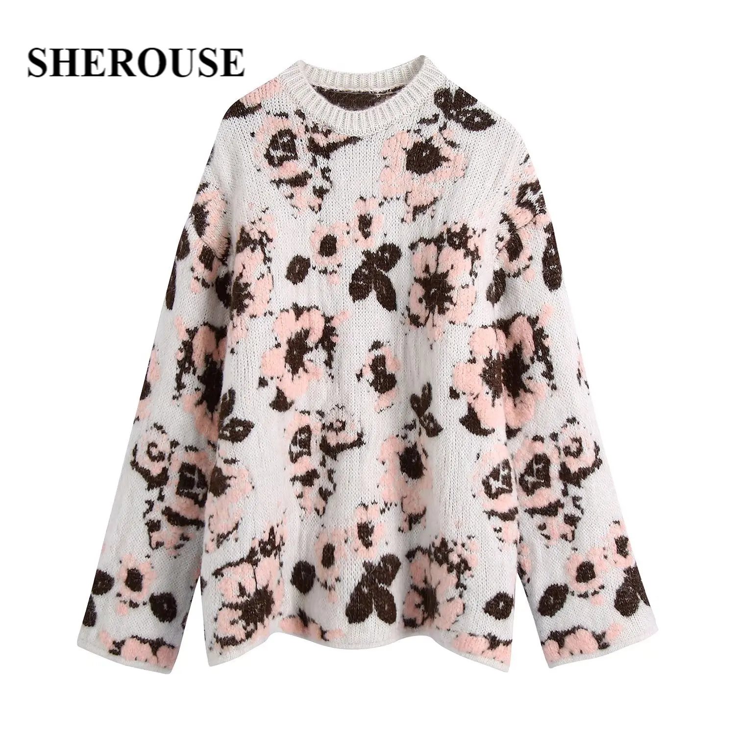 

Sherouse Winter Women Fashion Floral Jacquard Knitted Sweater Long Sleeves O-neck Casual Woman Sweater Knit Pullover Top
