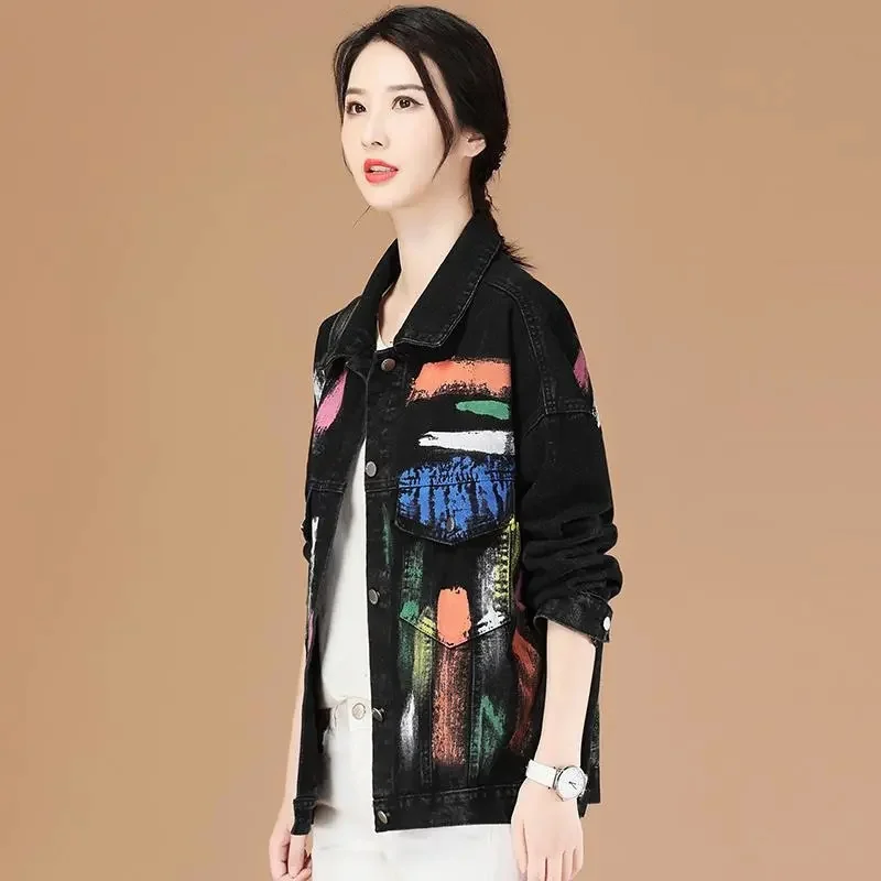 

Black Printed Denim Jacket Women's Spring 2021 Autumn New Wild Jacket Female Pocket Cardigan Coat Buttons Casual Tops W52