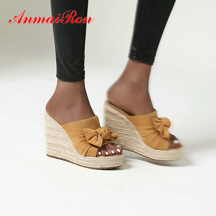 

ANMAIRON Solid PU Flock Summer Outside Slides Butterfly-knot Wedges Womens Shoes 2020 Fashion Women Slippers Size 34-43