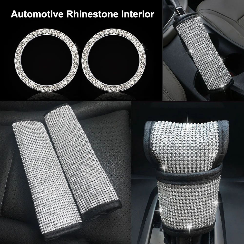 

6pcs Shiny Rhinestone Car Interior Decoration for Women Bling Kit Seat Belt Cover Handbrake Gear Shift Cover Auto Accessories