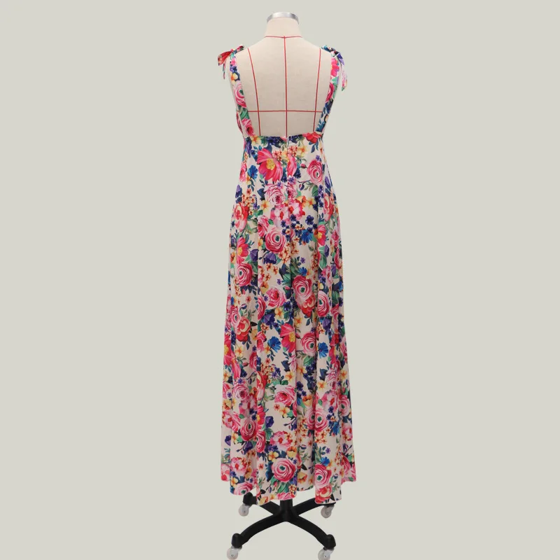 

2021European and American new women's sexy deep V sleeveless backless dress printed long skirt stylish and elegant women's dress