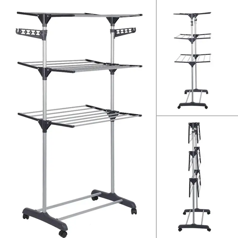 

3 Tiers Adjustable Telescopic Rolling Clothing Garment Airer Horse Stainless Laundry Rack Hanging Drying Folding Hanger HWC