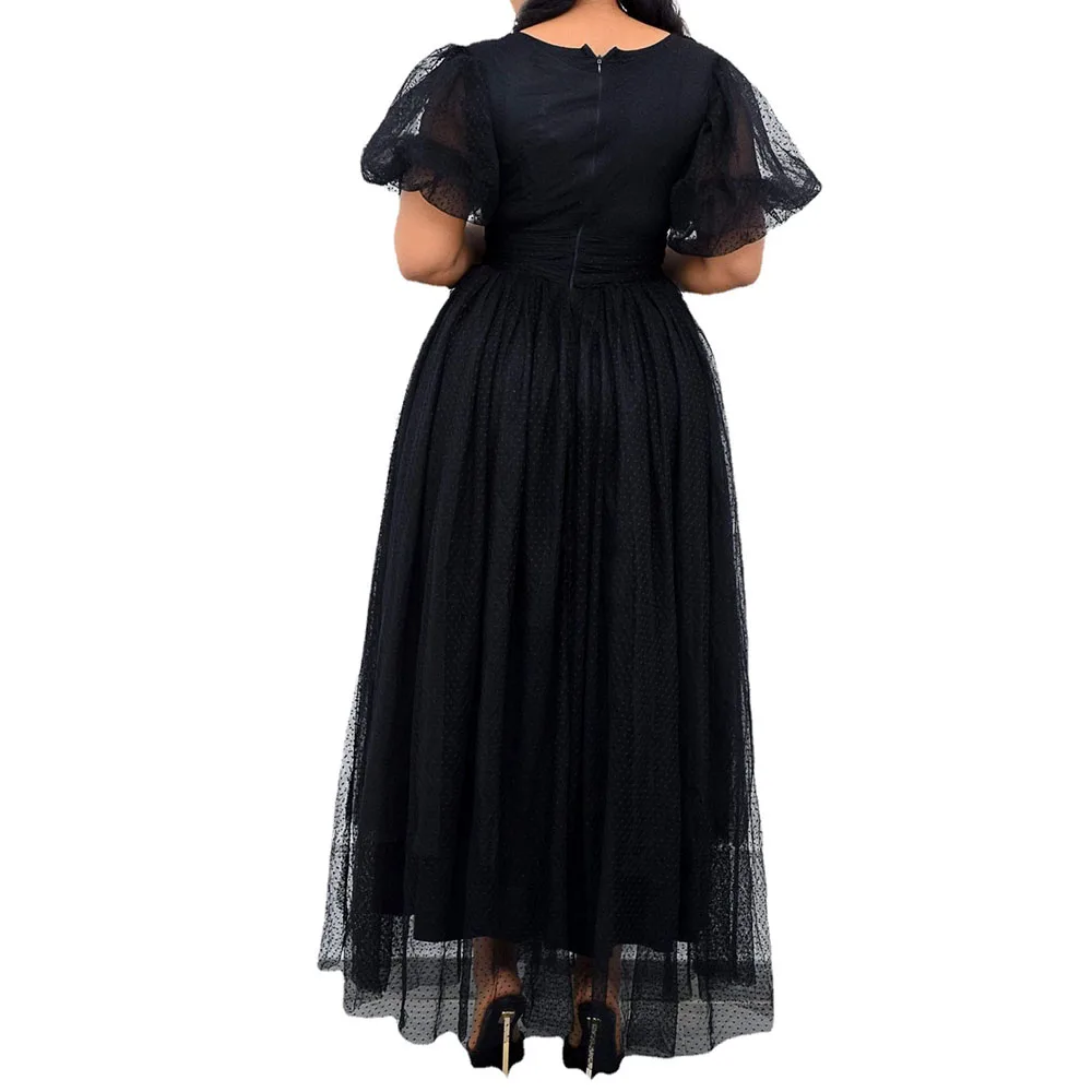 

New Women's Dresses Lace Summer 2021 High Waist Thin Solid Color V-neck Puff Sleeve Europe America Fashion Commute