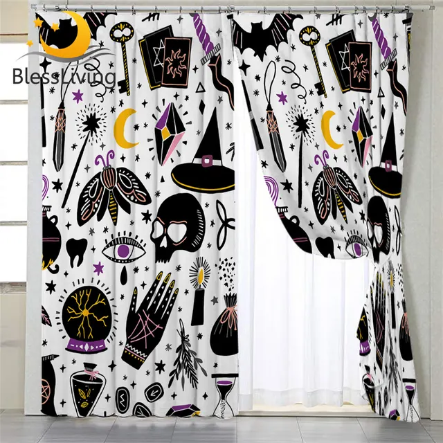 BlessLiving Witchcraft Blackout Curtain for Living Room Alchemy Black Bedroom Curtain Divination Skull Window Treatment Drapes 1