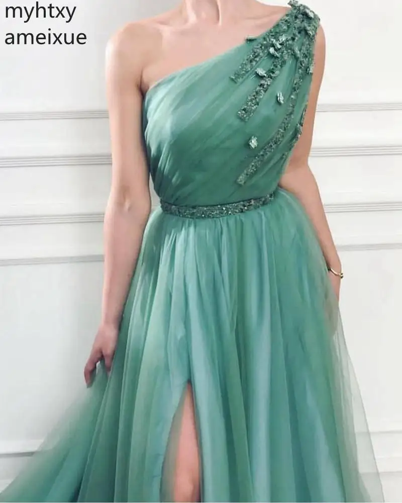 Hot One Shoulder Custom Evening Dress 2020 Crystals Beaded Tullee Party Gowns Abiye Elbise Suknie Wieczorowe Robe De Soiree