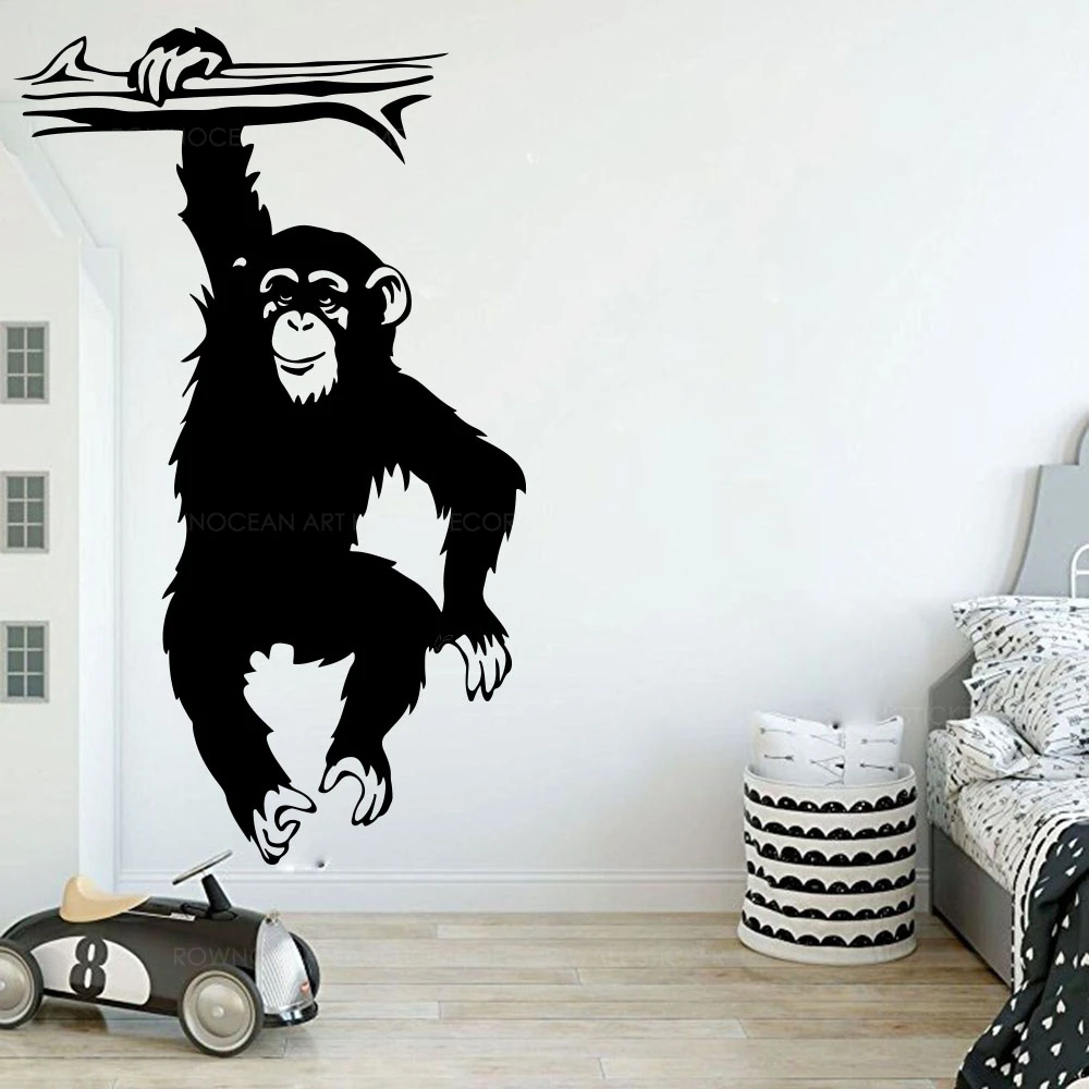Calcomanía de pared de árbol de mono divertido para cuarto de niños, pegatina de vinilo con dibujos animados de selva, bosque, mono, rama de Animal, decoración de dormitorio, Z363