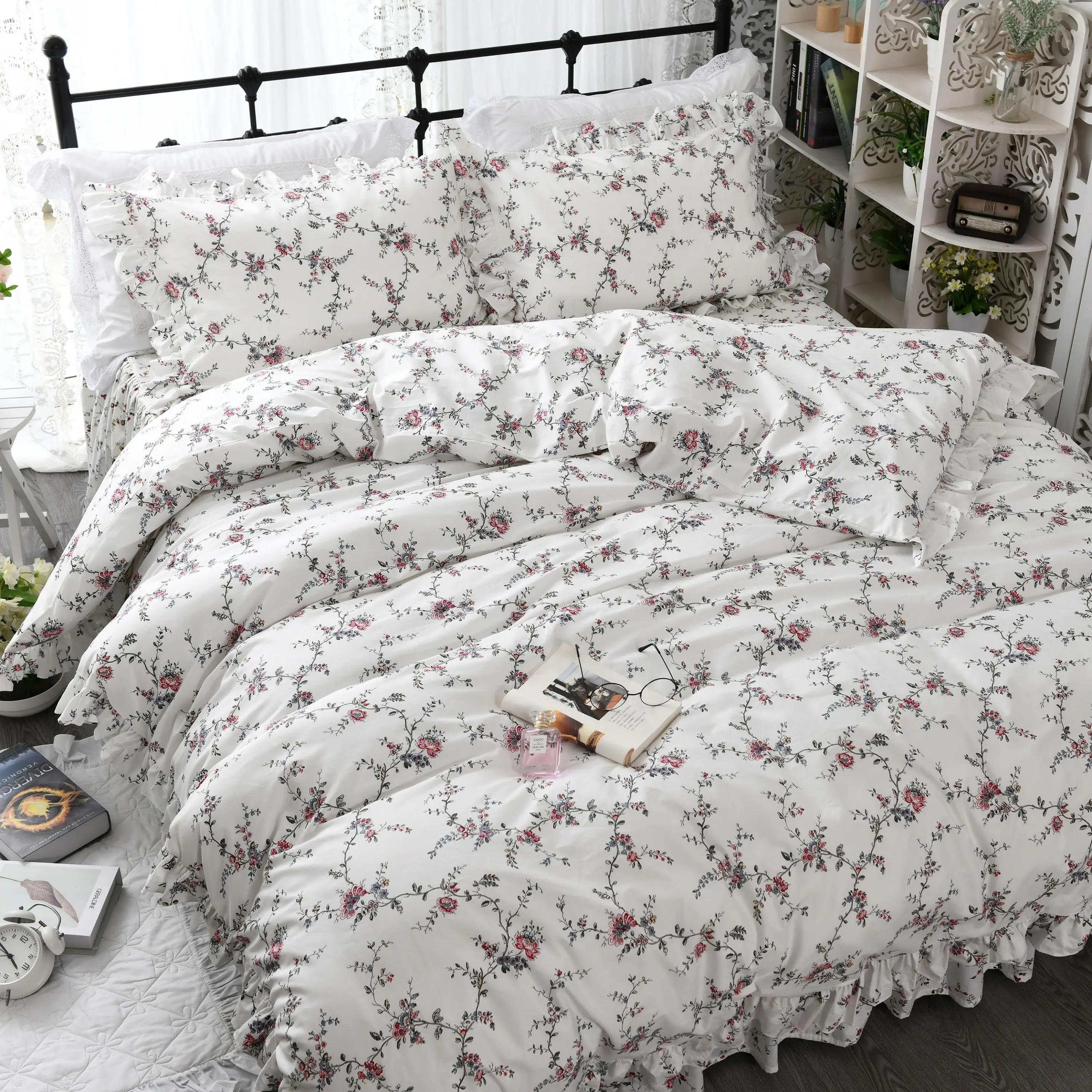

Purple Floral Cotton Bedding Duvet Cover Set Shabby Vintage Flowers Ruffles Bedskirt Twin Full Queen King size Bedding set JPcs
