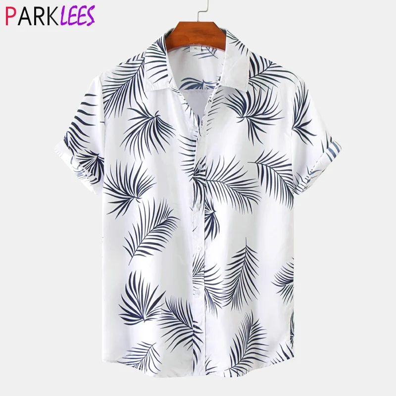 Мужская летняя рубашка тропика модная гавайская на пуговицах с принтом листьев